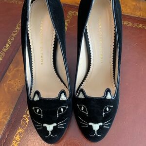Charlotte Olympia Black Velvet Kitty Pumps, size 39